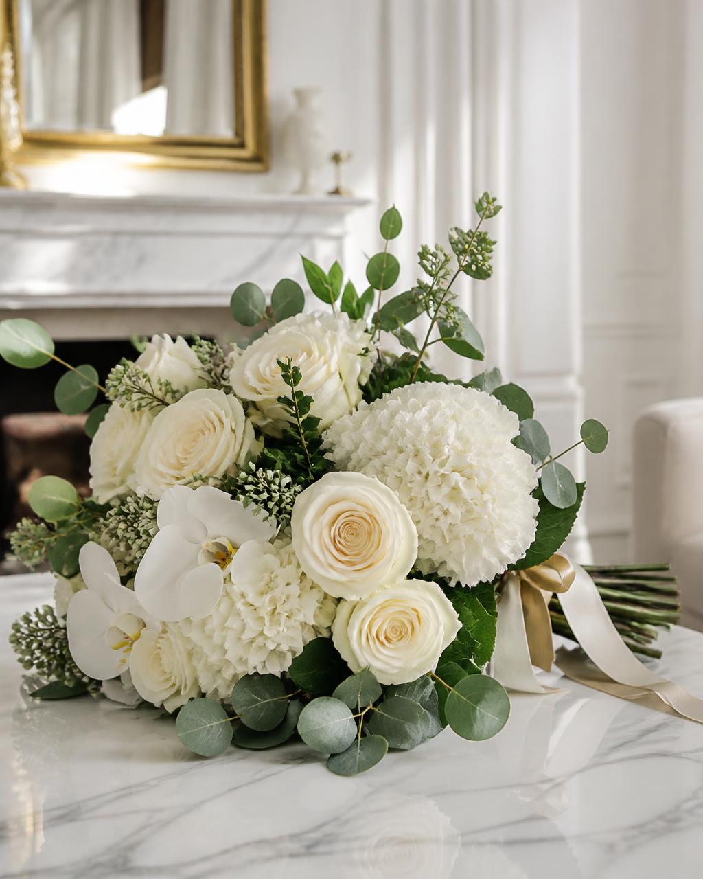 Luxury bouquet of cream roses, white hydrangeas and orchids on an elegant marble table