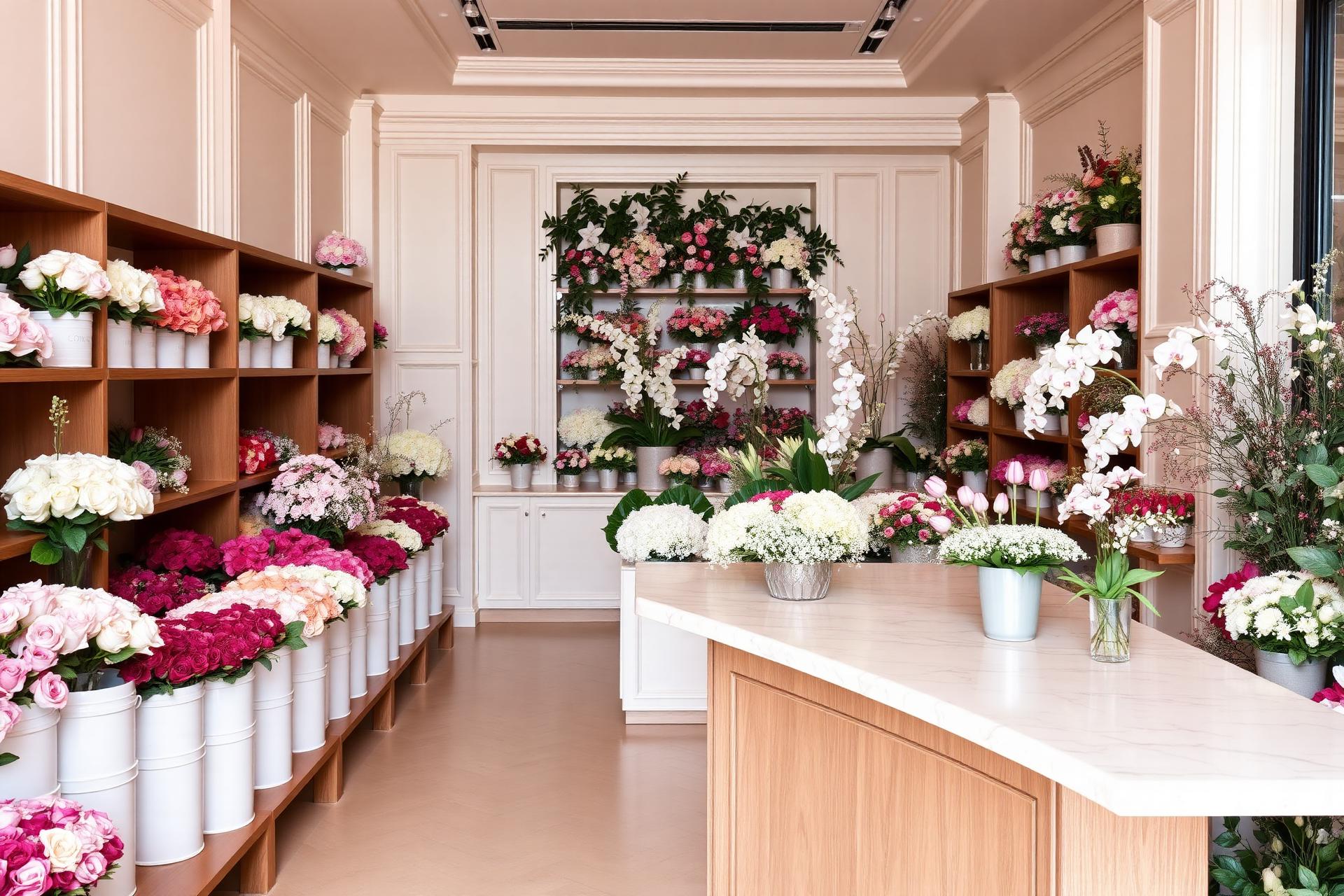 Interior of a premium Fiora Bloesem flower boutique filled with roses, hydrangeas, orchids, lilies, tulips, gypsophila, daisies and chrysanthemums