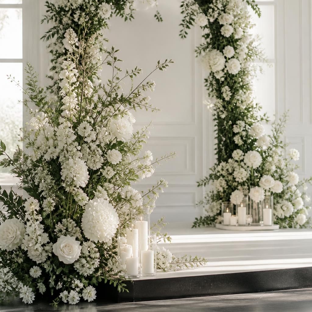 Wedding floral decoration with elegant white flowers, greenery and candles